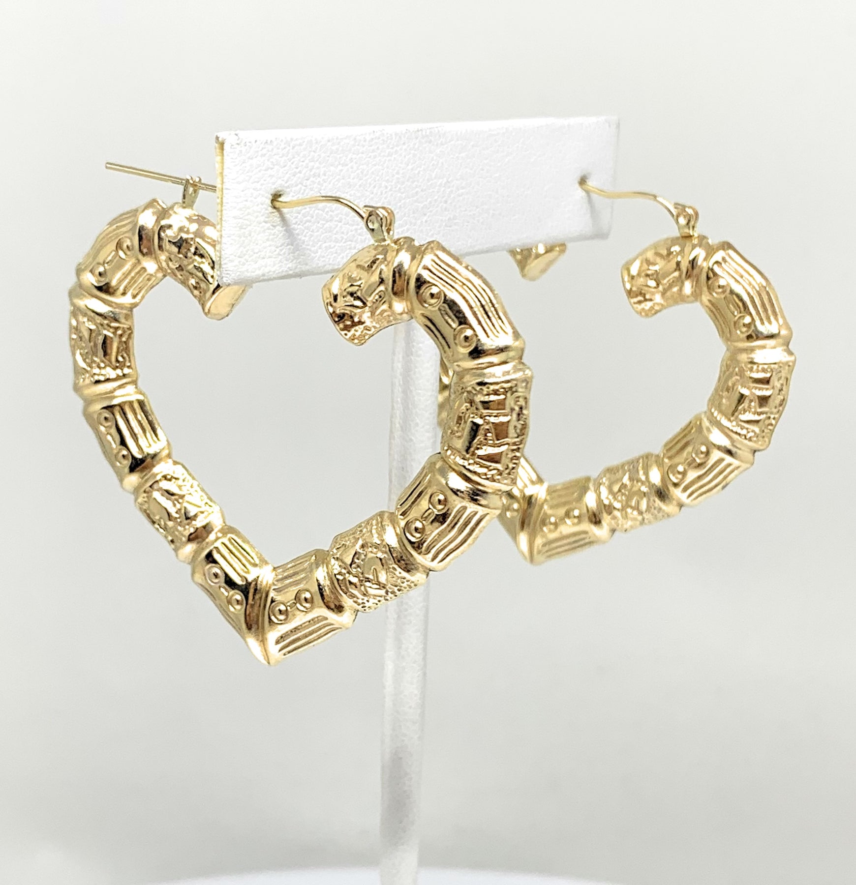 10k Solid Gold Yellow Bamboo Heart Hoop Earrings 2 Inch Arracadas