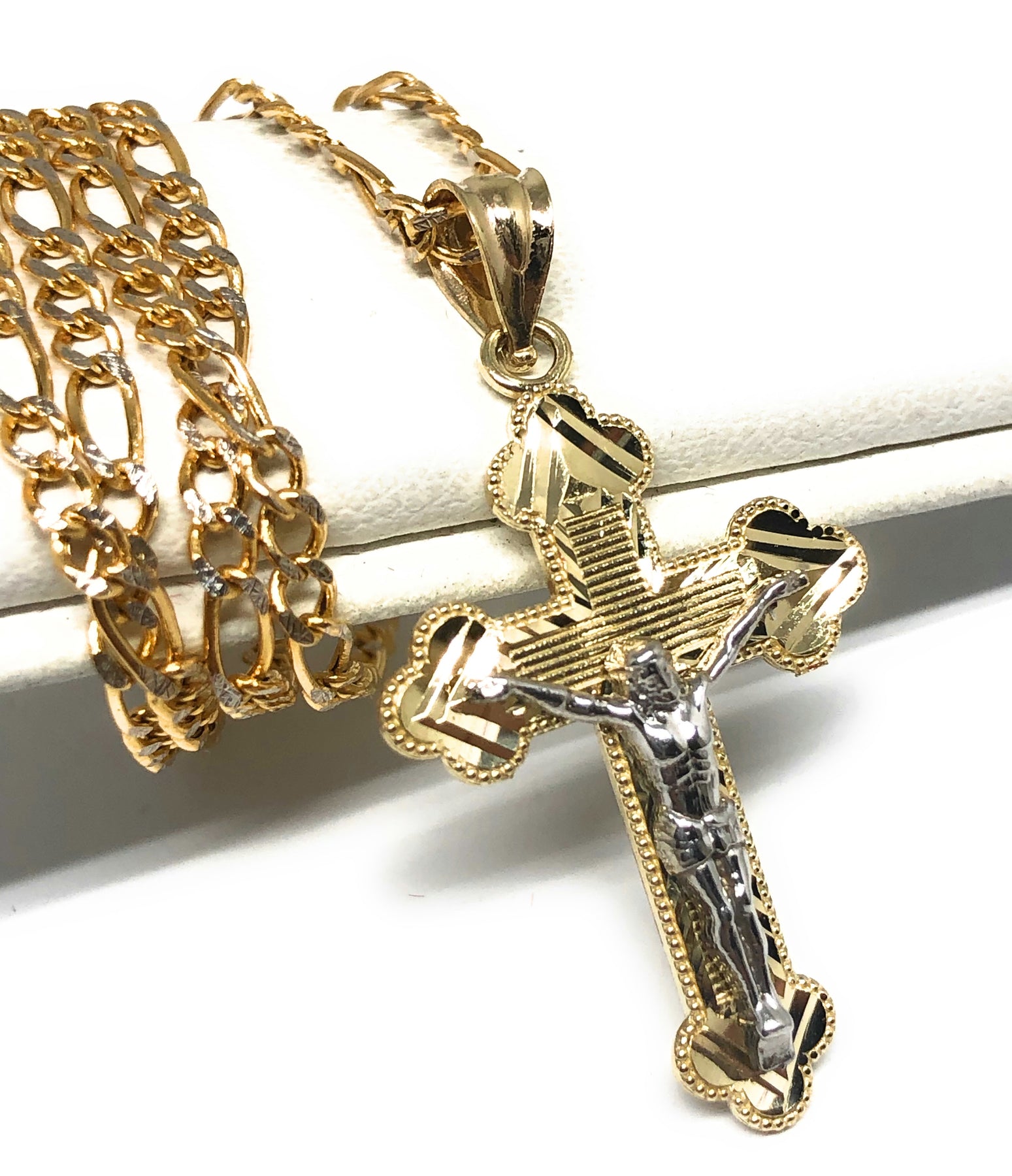 10k Solid Gold Yellow Classic 2-Tone Jesus Cross Layered Crucifix