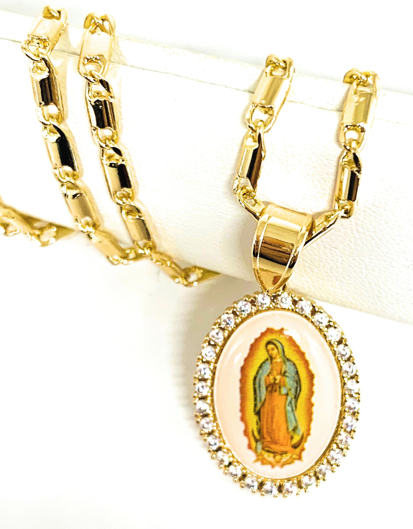 14K Gold Plated Holy Mary Necklace La Virgen De Guadalupe Pendant Cadena  Cuban Chain 24 inch x 4 mm 