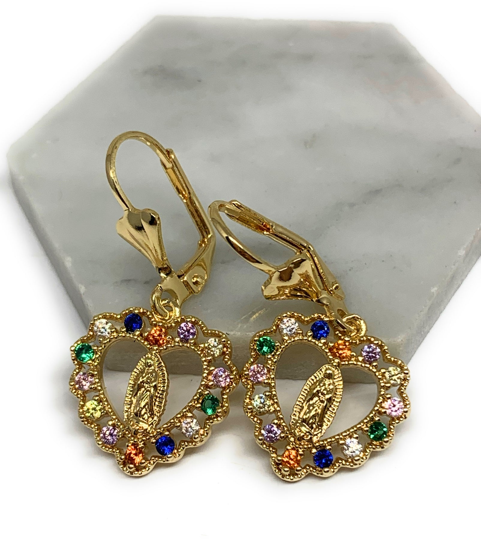 14k Yellow Gold Virgin Mary Hoop Earrings Aretes Virgen De Guadalupe 1.5  Inches 3 MM Thick Tri-color Hoops -  Norway