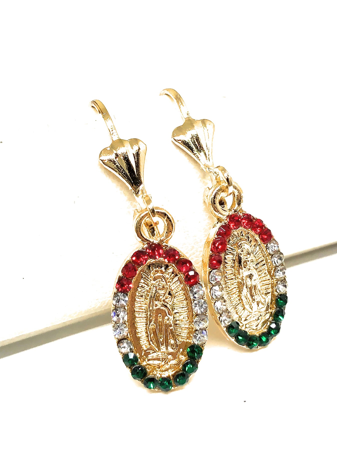 Gold Plated Virgin Mary Earrings with White Stones / Aretes De Oro Lam –  Fran & Co. Jewelry Inc.