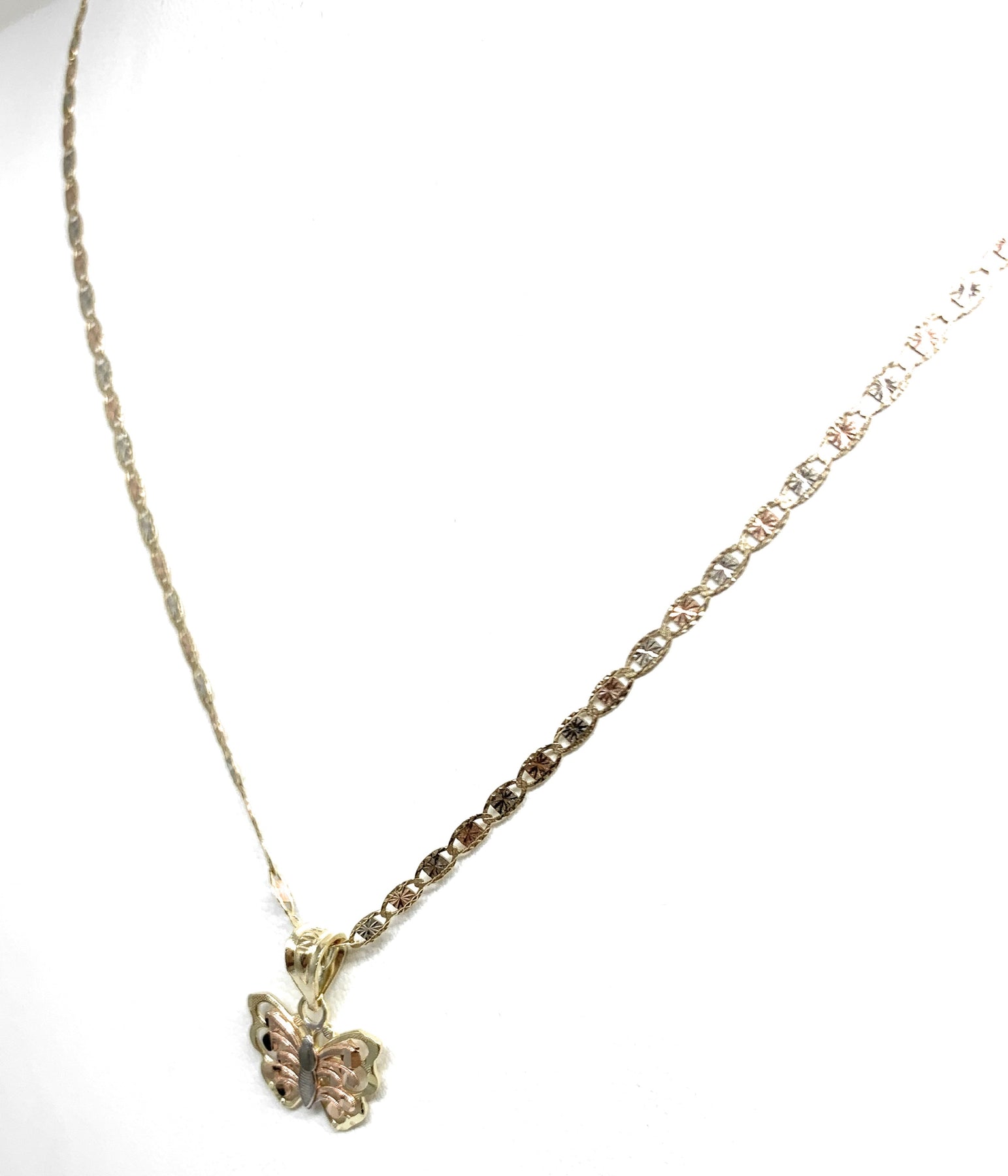 14k Solid Gold Tri-Color Small Butterfly Pendant Necklace