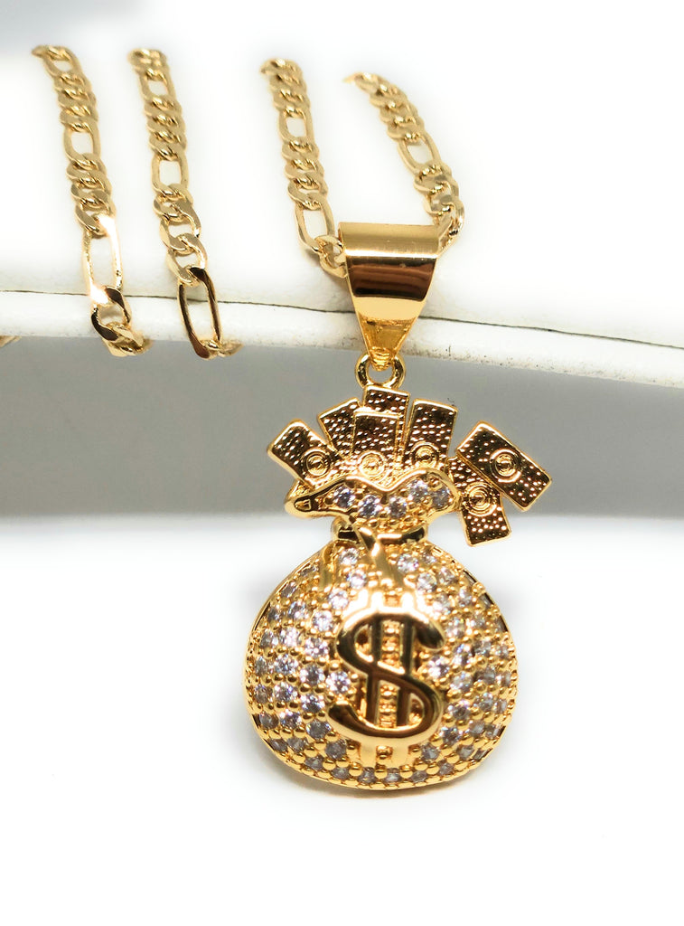 HIP HOP ICED BLING OUT GOLD PT BANDED DOLLAR SIGN PENDANT CHARM, CUBAN  NECKLACE