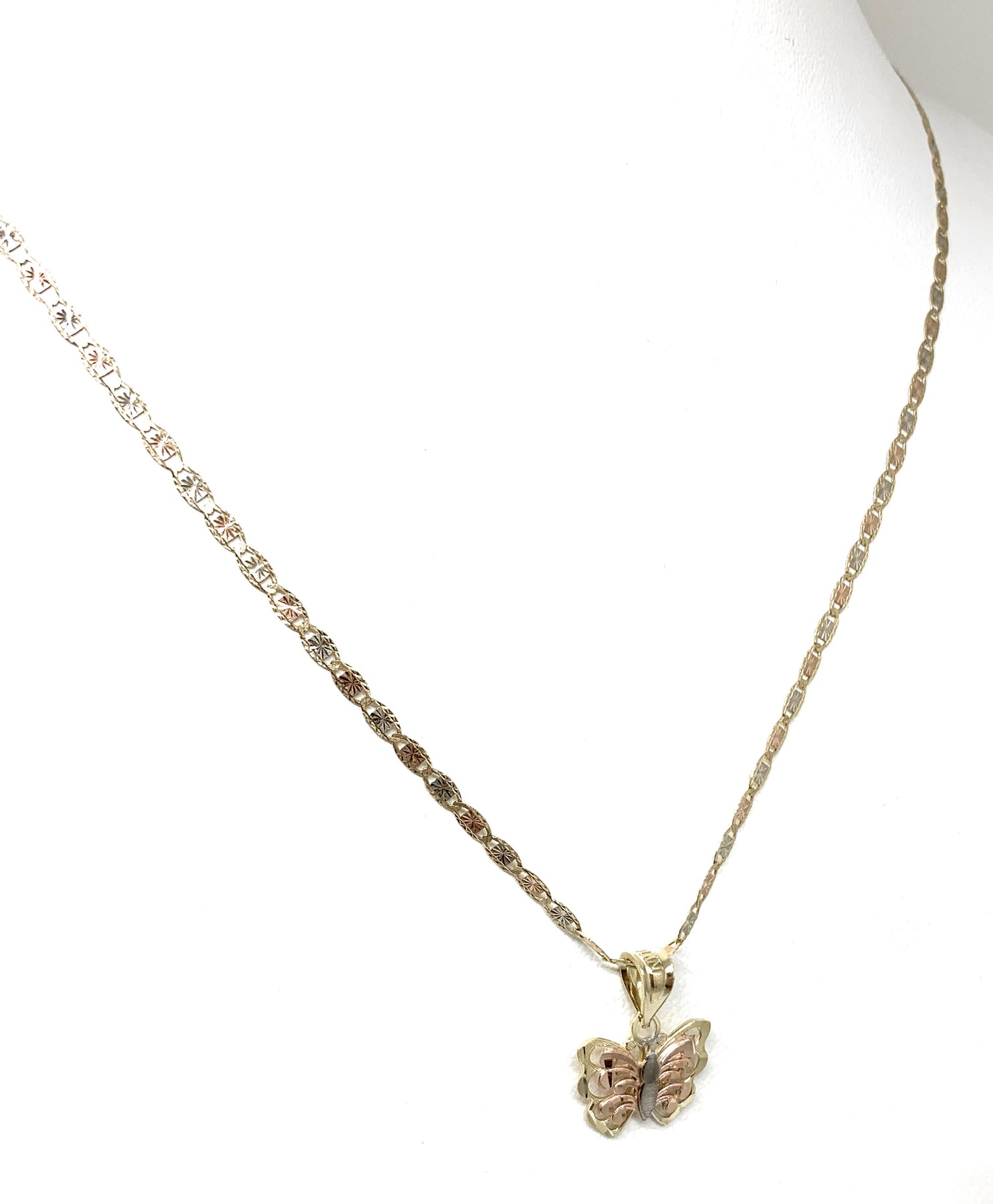 14k Solid Gold Tri-Color Small Butterfly Pendant Necklace