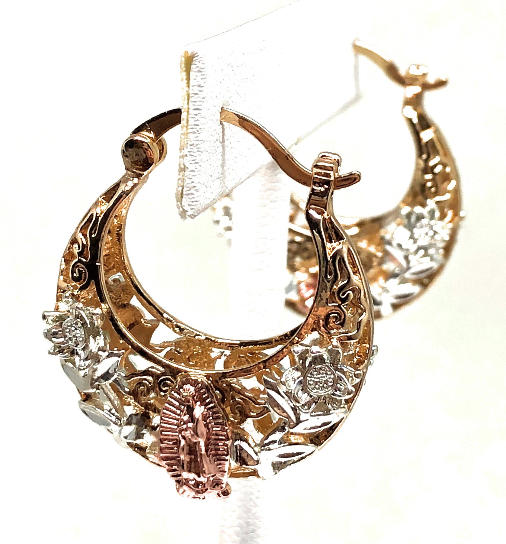 18K GP Virgin Basket Hoop Earring, Aretes Canasta Virgen Guadalupe Oro  Laminado