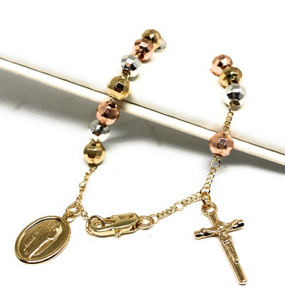 18k yellow gold rosary bracelet, 3 mm spheres, Cross & miraculous meda