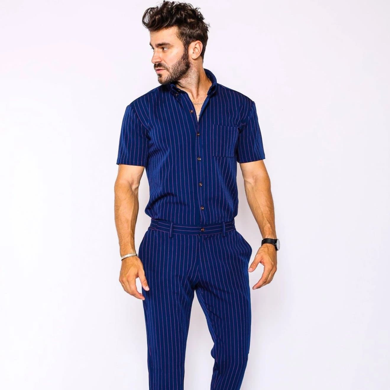 Navy Pin Stripe Fitted Mens Jumpsuit - Shop Now – RomperJack