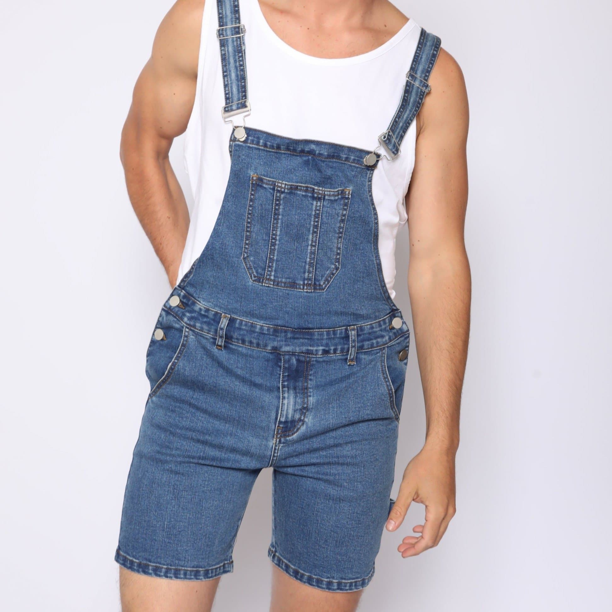 mens denim romper shorts