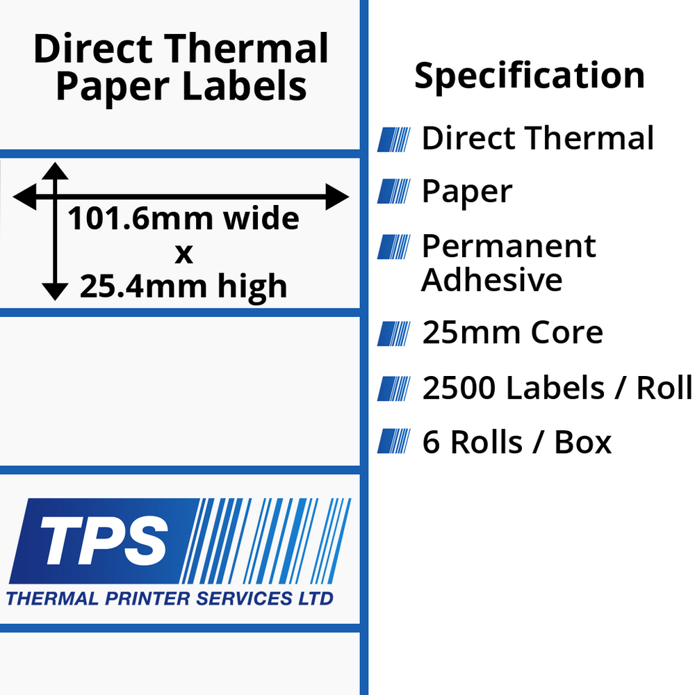 101.6 x 25.4mm Direct Thermal Paper Labels With Permanent Adhesive on 25mm Cores - TPS1021-20