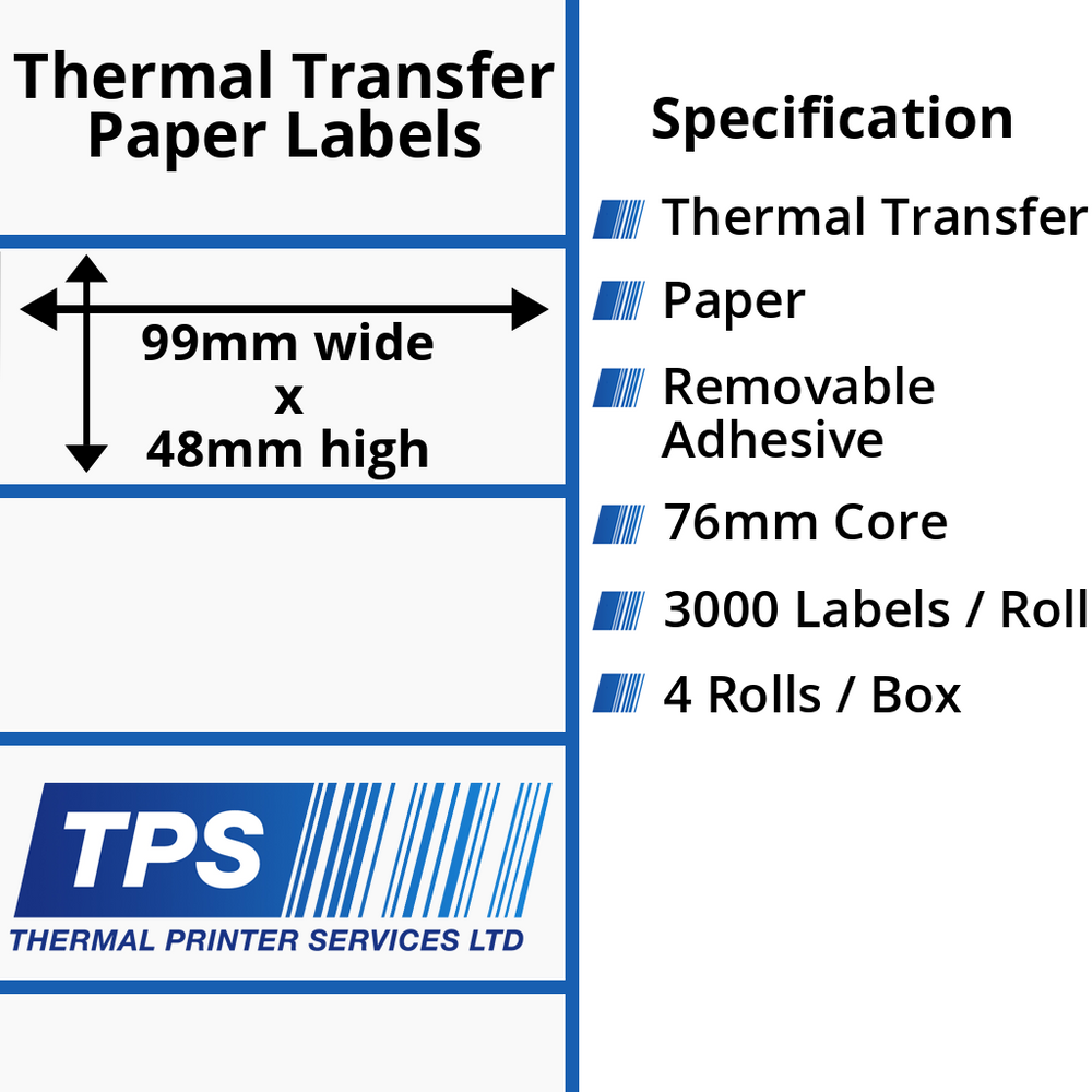 99 x 48mm Thermal Transfer Paper Labels With Removable Adhesive on 76mm Cores - TPS1206-23