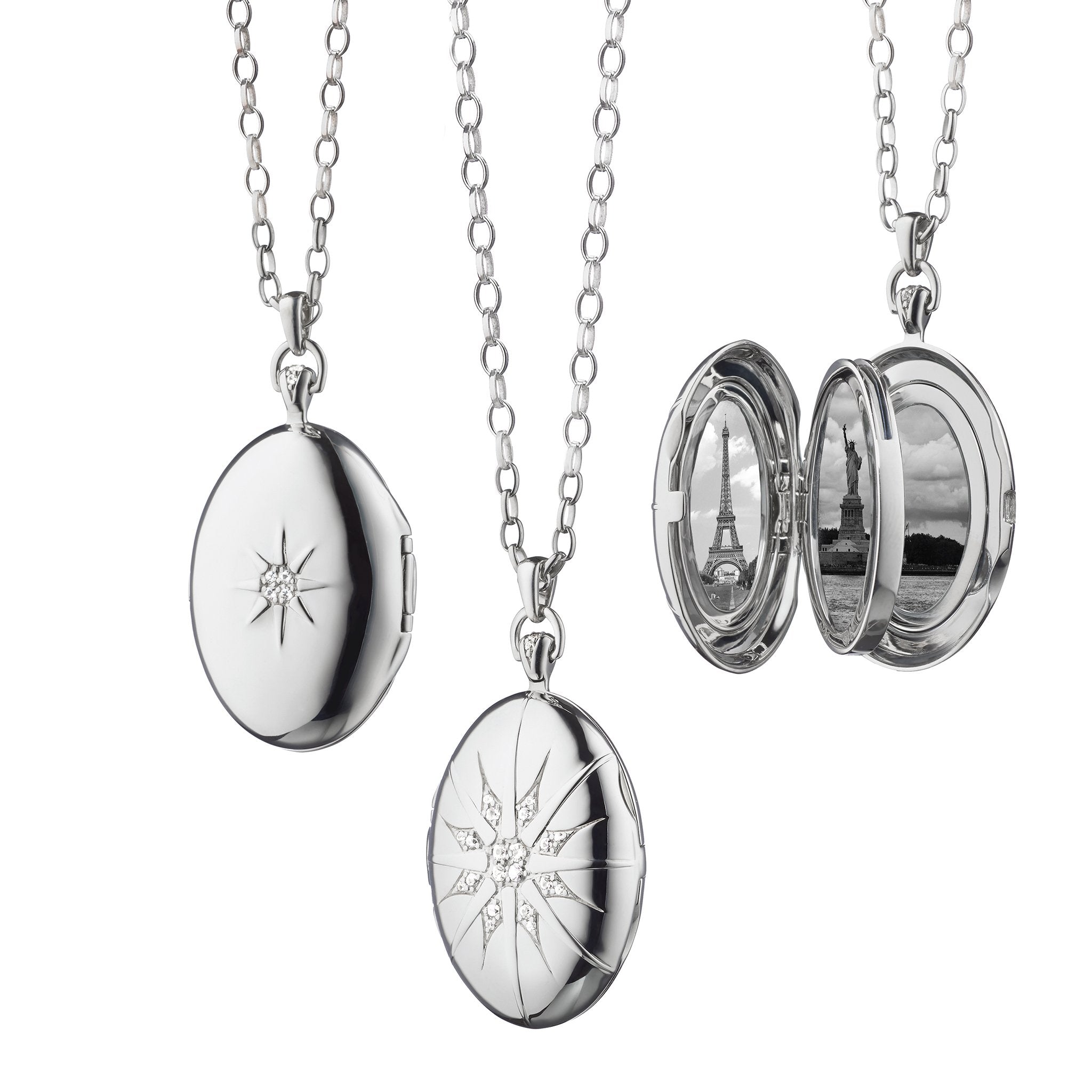 Sterling Silver Four Image Premier Locket with White Sapphire Star Burst - Sapphire Lockets by Monica Rich Kosann