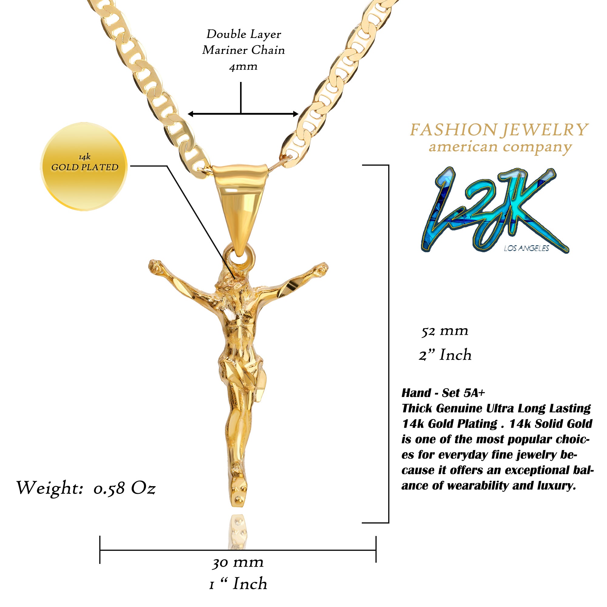 Jesus Crucifix Pendant Mariner Chain 20" Gold Plated