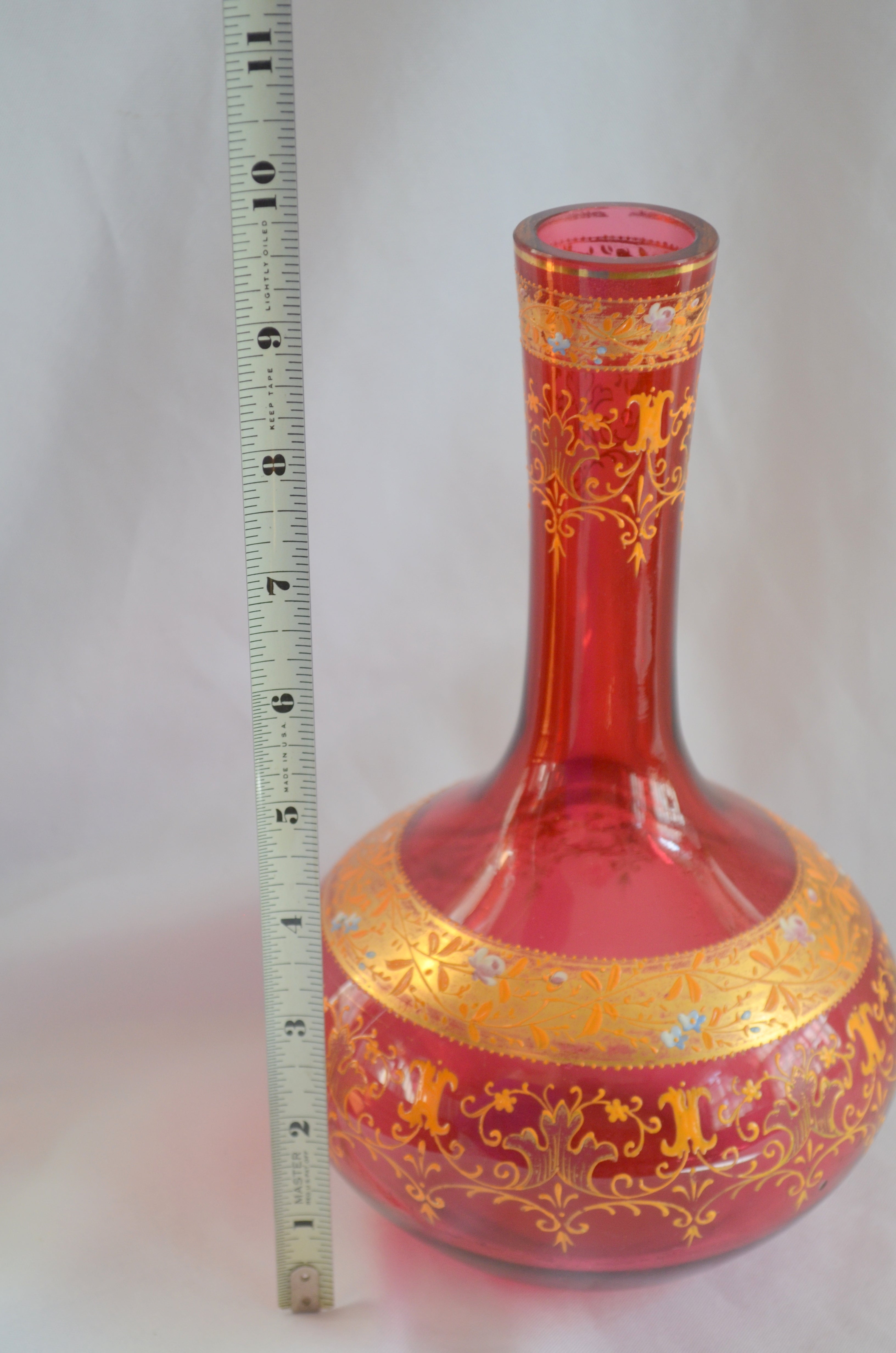 Moser Art Glass Vase Cranberry Gold And Raised Enamel