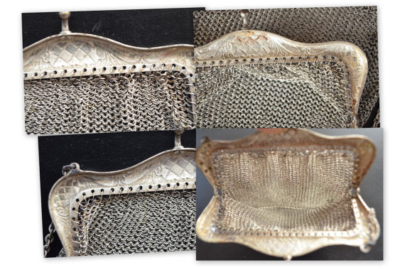 German Silver Chainmaille Purse Depose Silver Mesh Handbag Flapper Pur - ChristiesCurios