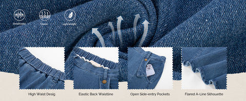 Belle Poque Lightweight Denim Skirt Elastic Waist A-Line Jean Skirts with Pocket