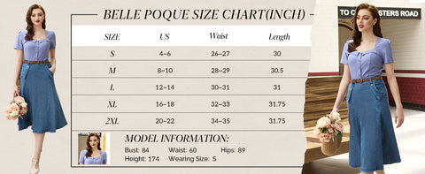 High Waisted Flowy Flared A line Chambray Denim Skirts Size Chart