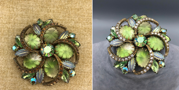 Before and after photo of a green brooch missing stones