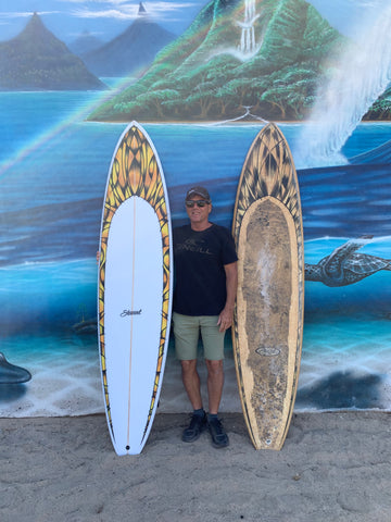 Happy customer with new custom hand-shaped surfboard remake of old surfboard