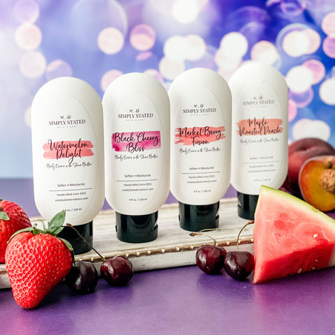 Body Creme featuring the Farmers Market Collection such as Watermelon Delight, Black Cherry Bliss, Market Berry Fusion, and Maple Roasted Peach.