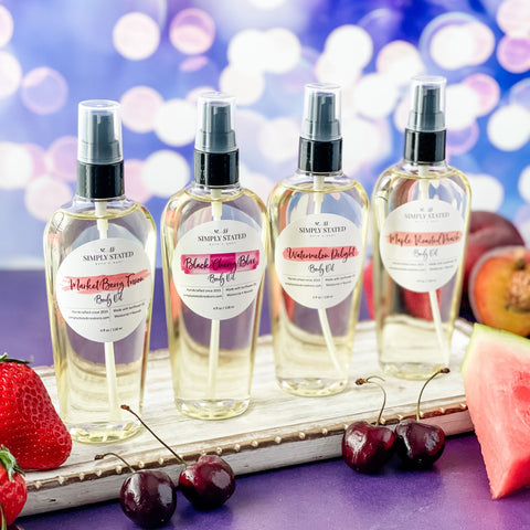 Body Oil is light and fast absorbing. Featuring the Farmers Market Collection with 4 pampering scents of Black Cherry Bliss, Maple Roasted Peach, Market Berry Fusion, and Watermelon Delight.