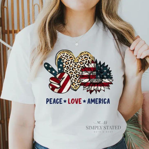 Self-Care Subscription Box for busy millennial moms. Graphic tee. Peace Love America. 4th of July. 
