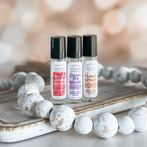 Winter Luxe Collection at Simply Stated Bath & Body available for busy working moms and boutiques for women. Roll-On Perfume, body spray, lotion and other body handmade products