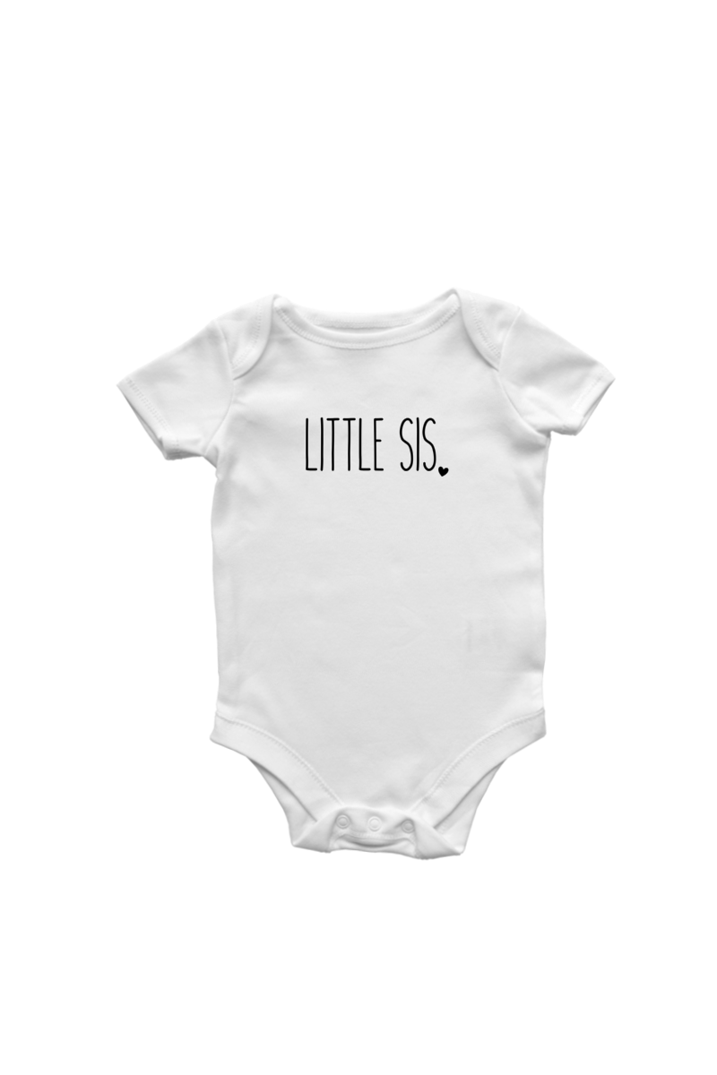 A white short-sleeved bodysuit with the words "little sis" written on it.