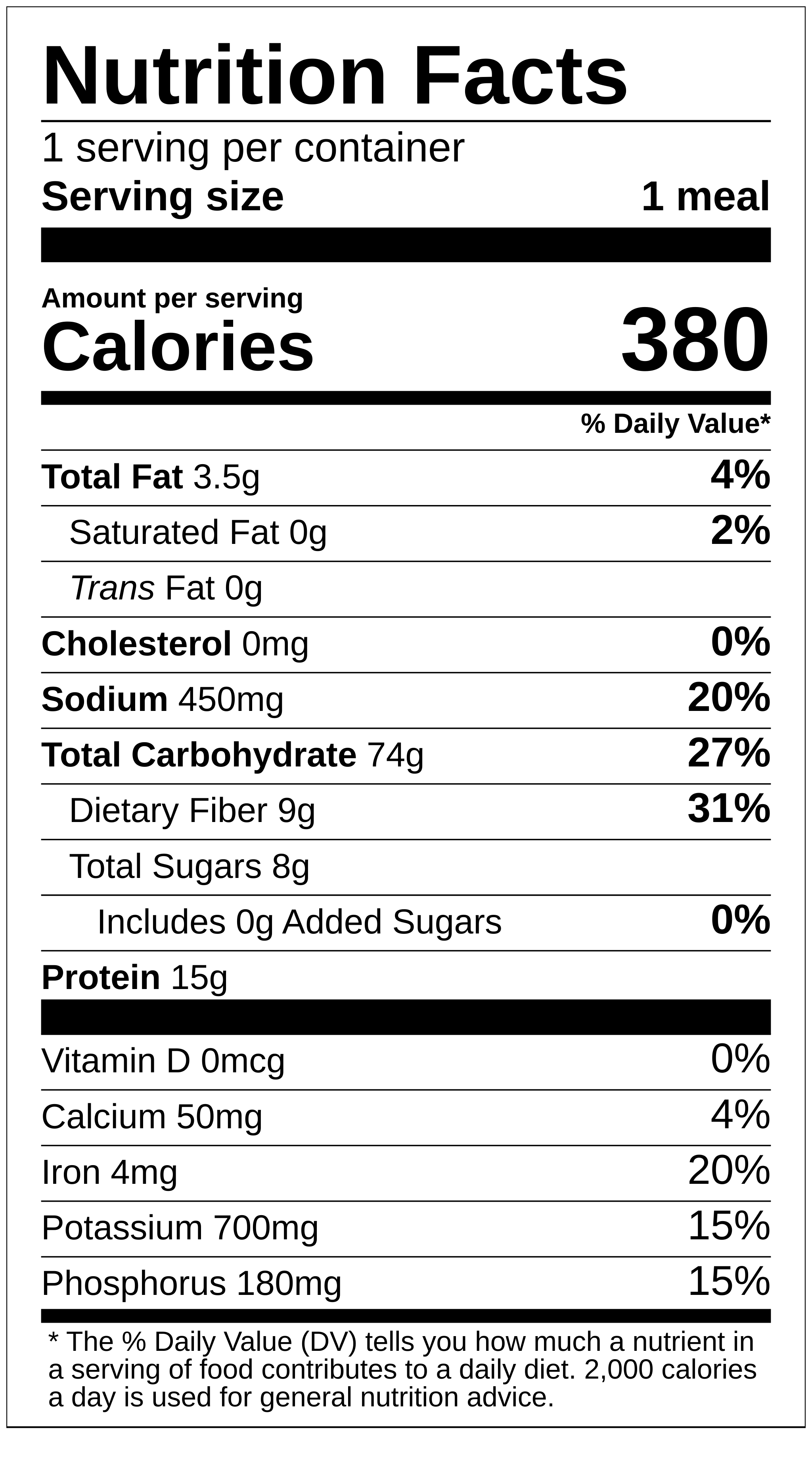 Mexican veggie bowl nutrition label