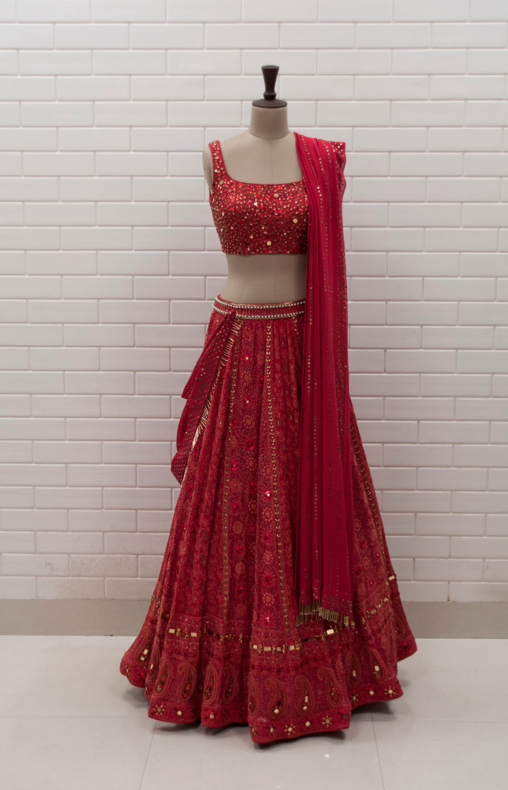 HANSIKA - Red Hand Embroidered Chikankari Lehenga, Sleeveless ...