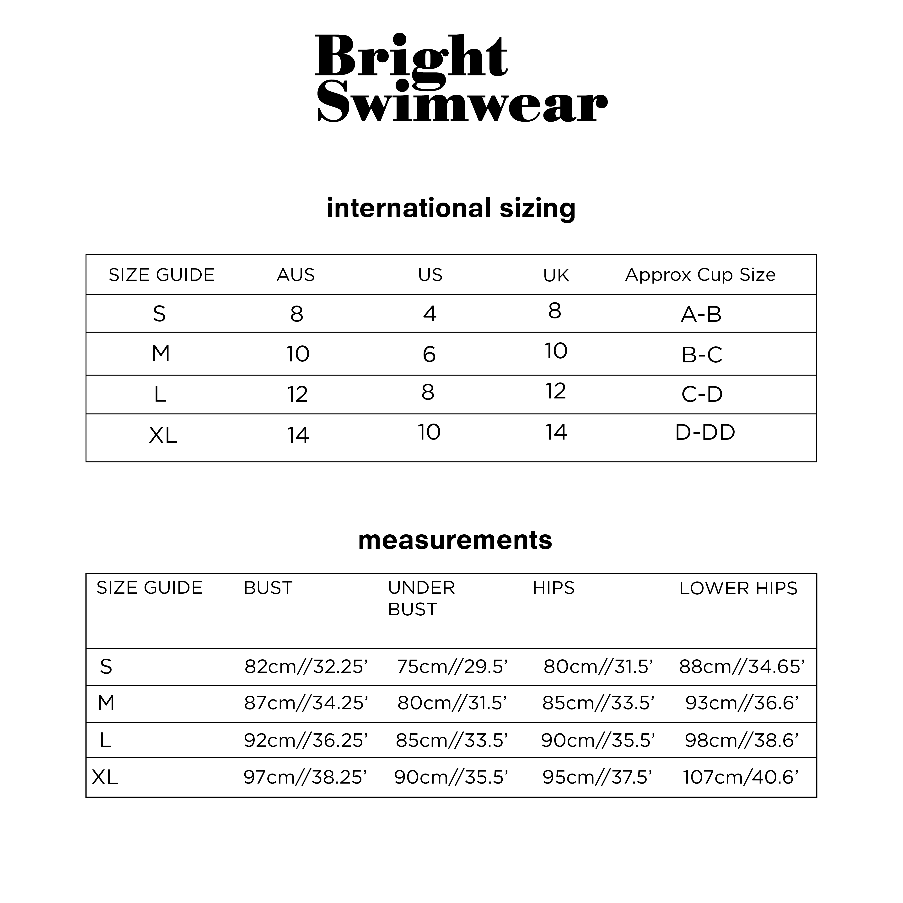 size chart – Bright Swimwear