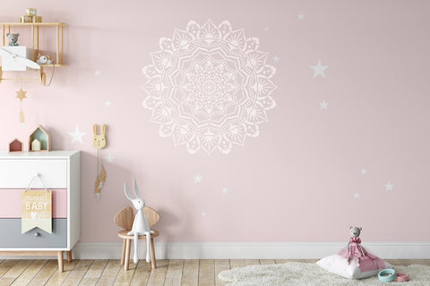 White ibiza vibe mandala in pink kids room 100 x 100 cm