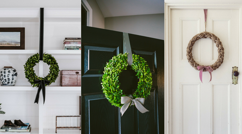 hanging a wreath with a ribbon