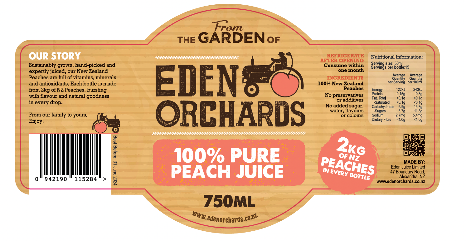 Label for 750ml Pure Peach Juice