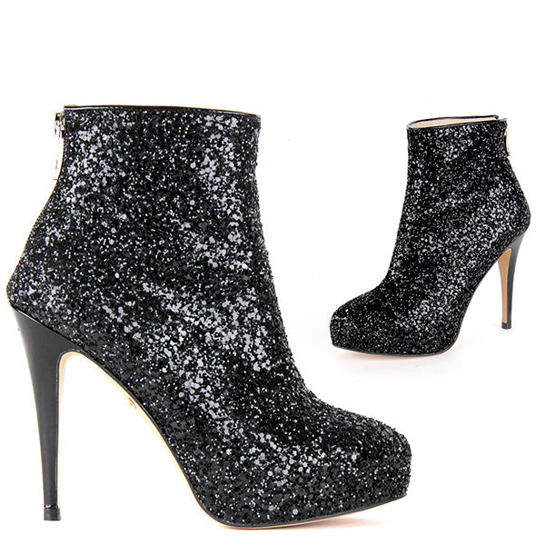 black glitter ankle booties