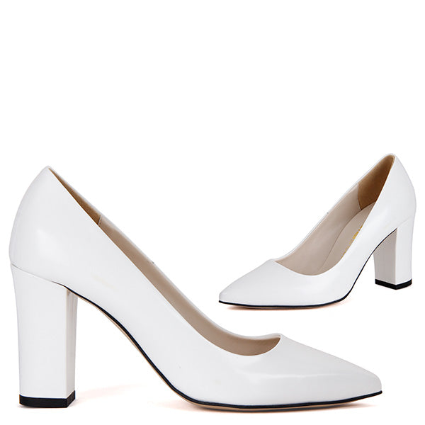 white leather block heels