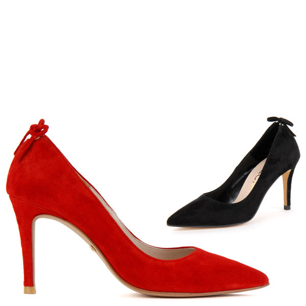 red suede court heels