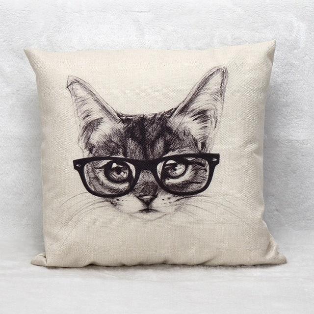 Housse De Coussin Tisse Chat Lunette 45x45cm Bonheur De Chat