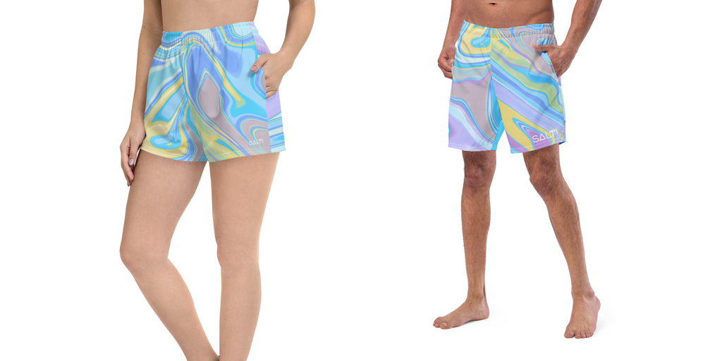 His hers matching board swim shorts by the Salti People