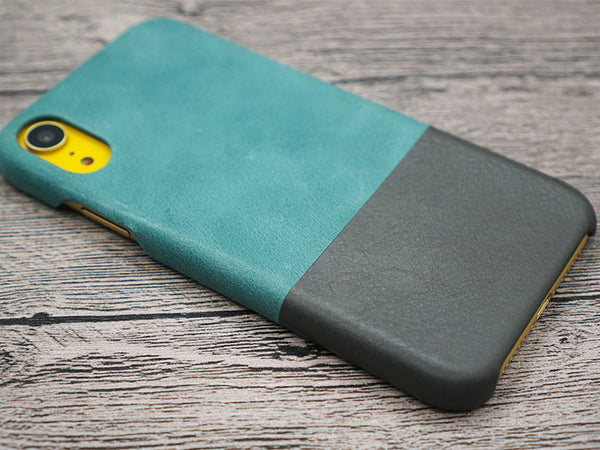 Ocean Blue and Pebble Gray leather case with yellow iPhone XR