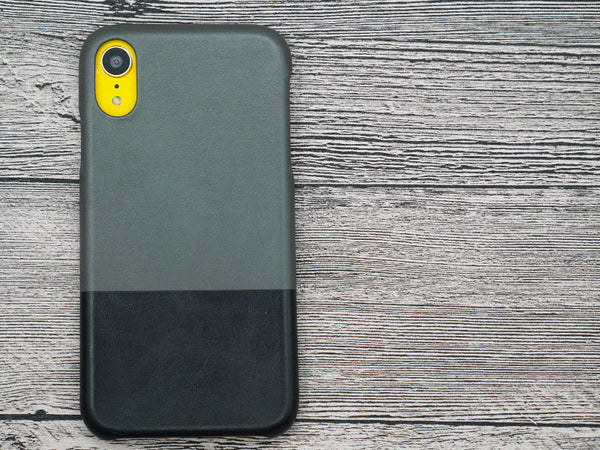 yellow iphone xr and fossil grey and black leather case
