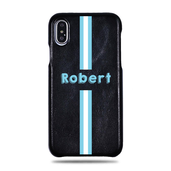 Personalized Blue Stripe Iphone Xs Max Black Leather Case Kulor