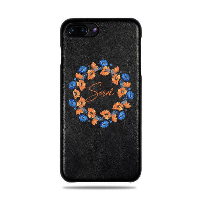 Orange Blaue Blumen Iphone 8 Plus Iphone 7 Plus Schwarze Ledertasche Kulor Cases