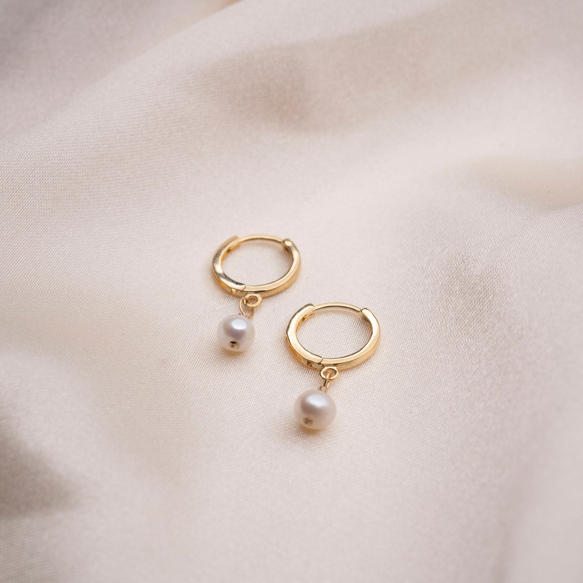 14k Pearl Huggie Hoops