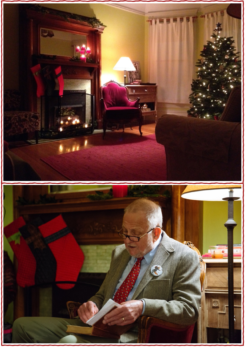 top: The scene set for a cozy reading of Mr. Dog’s Christmas at the Hollow Tree Inn. bottom: The other Mr. Dog, Jim Luther, spiffed up for a special rendition of his annual reading. photos © Sarah Deragon