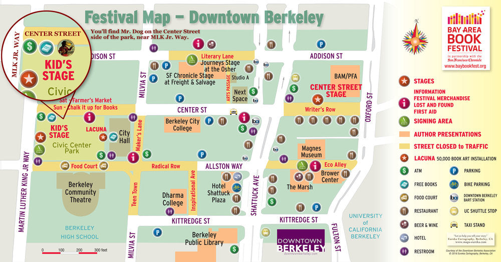 You'll find us on Center Street, near the corner of Martin Luther King, Jr. Way, in Berkeley. The festival is easily accessible by BART.