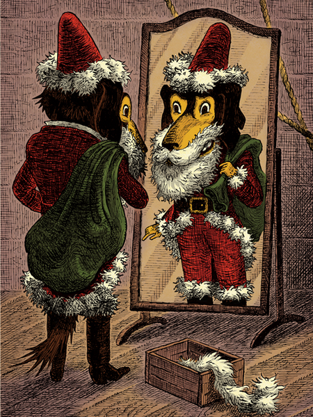 Mr. Dog in Santa Suit in Front of the Mirror