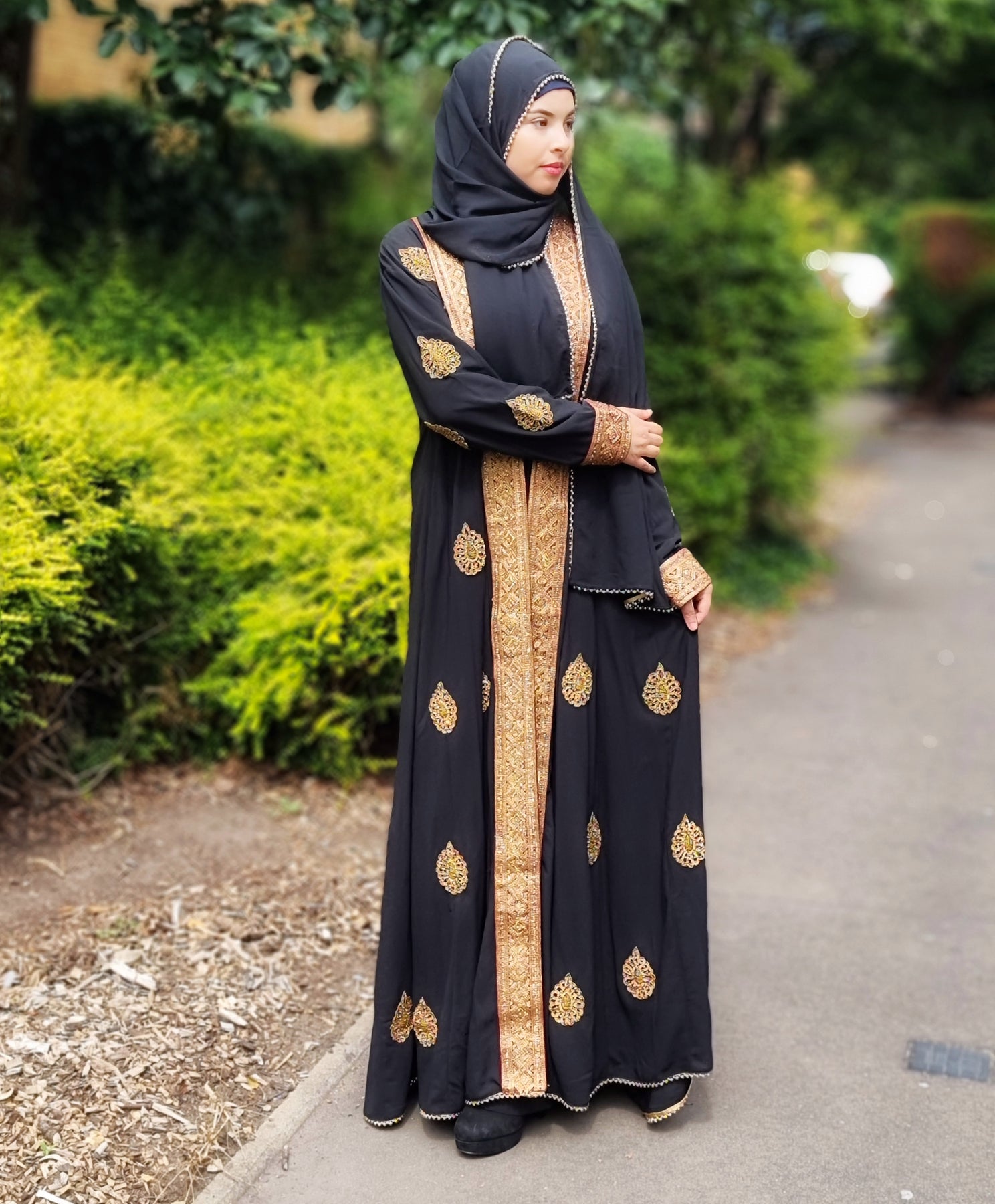 Occasional Wear Black Embellished 3 Piece Abaya Set | Abaya Topia