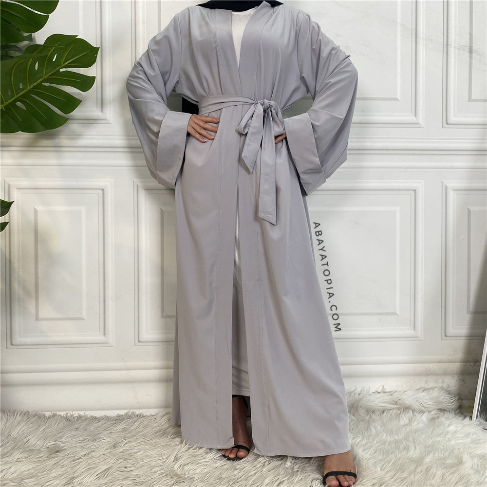 Plain Grey Open Abaya with Pockets | AbayaTopia