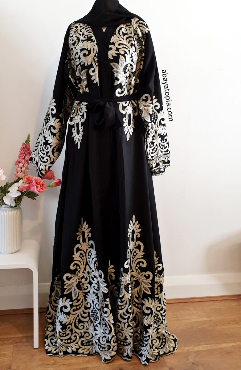 Opulence Gold Embroidered Open Abaya Full Set - Black | Abaya Topia