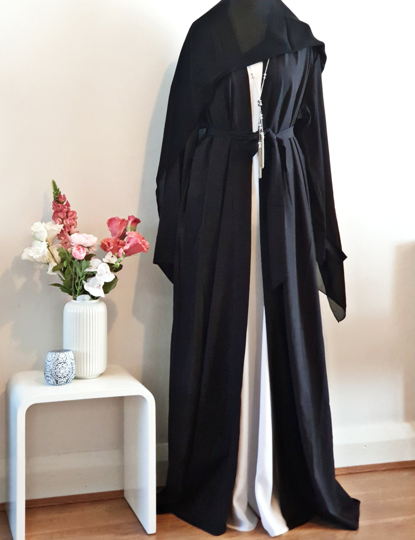 plain black open abaya